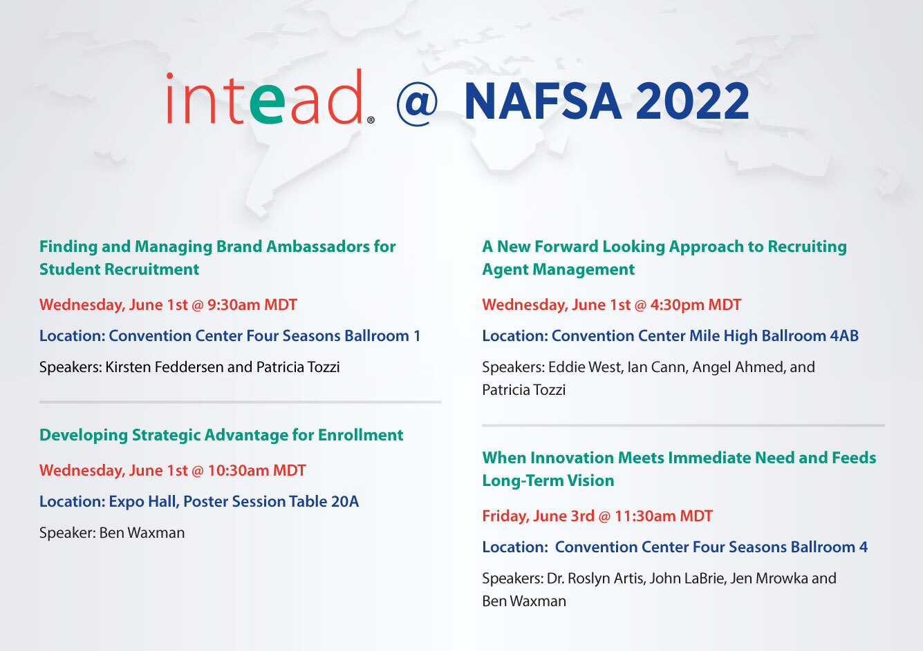 Join us for one of our four interactive NAFSA presentations along with our colleagues from Benedict College, San Diego State University, Clark University, Northeastern University, CIEE, ICEF, and GNET